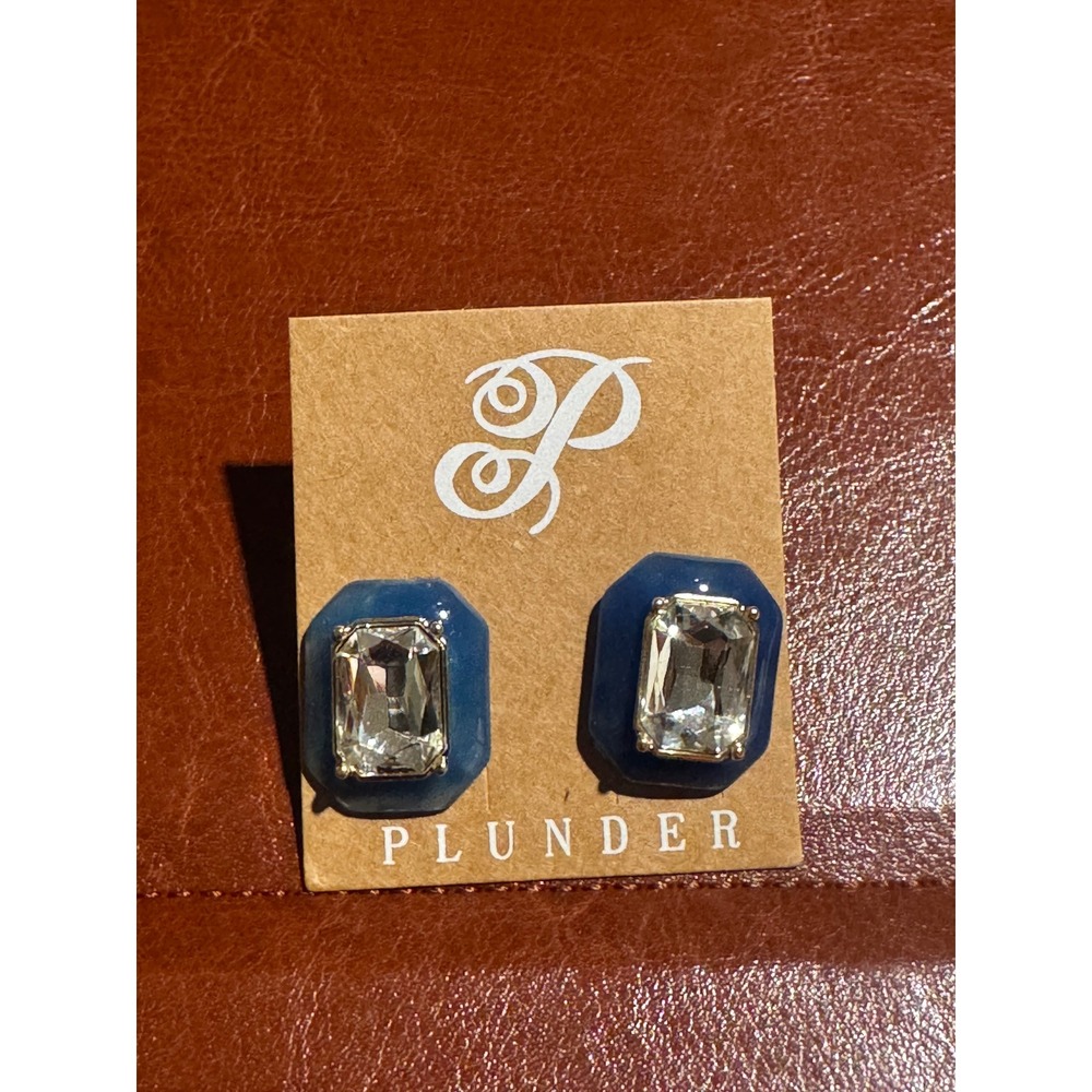 Plunder Design Blue Emerald Cut Crystal Stud Earrings Silver Tone Post Backs